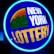 A bright, circular neon sign with a blue background, featuring the words 'New York Lottery' in bold white and yellow letters. The sign includes a colorful illustration of a landscape with green mountains, an orange-red sunset, and a bridge, all encapsulated within the circle.